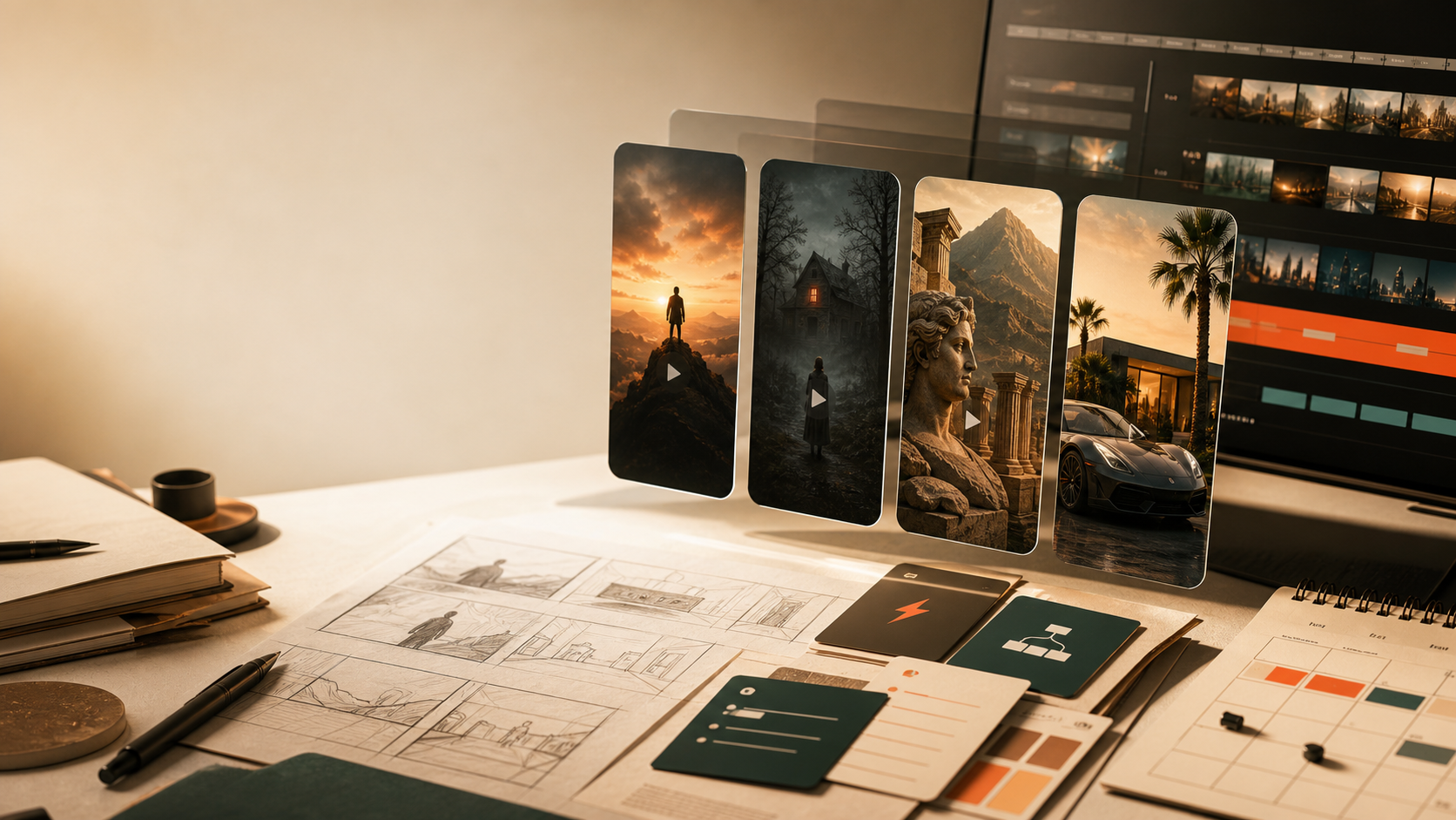 AI video creator pack workspace with vertical video previews, storyboard sheets, prompt cards, and a posting plan