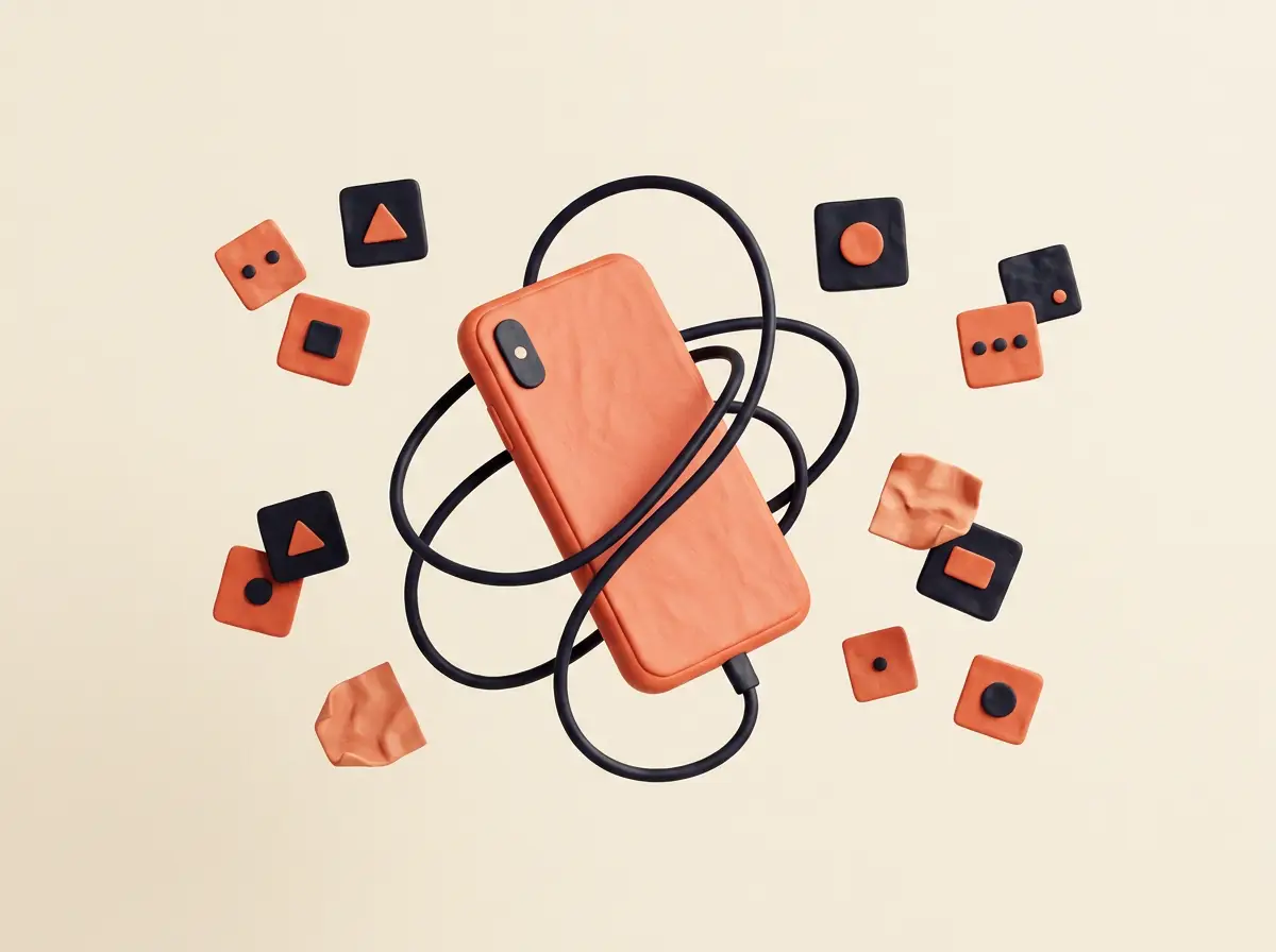 A phone tangled in cables surrounded by too many app tiles — the tool-juggling grind