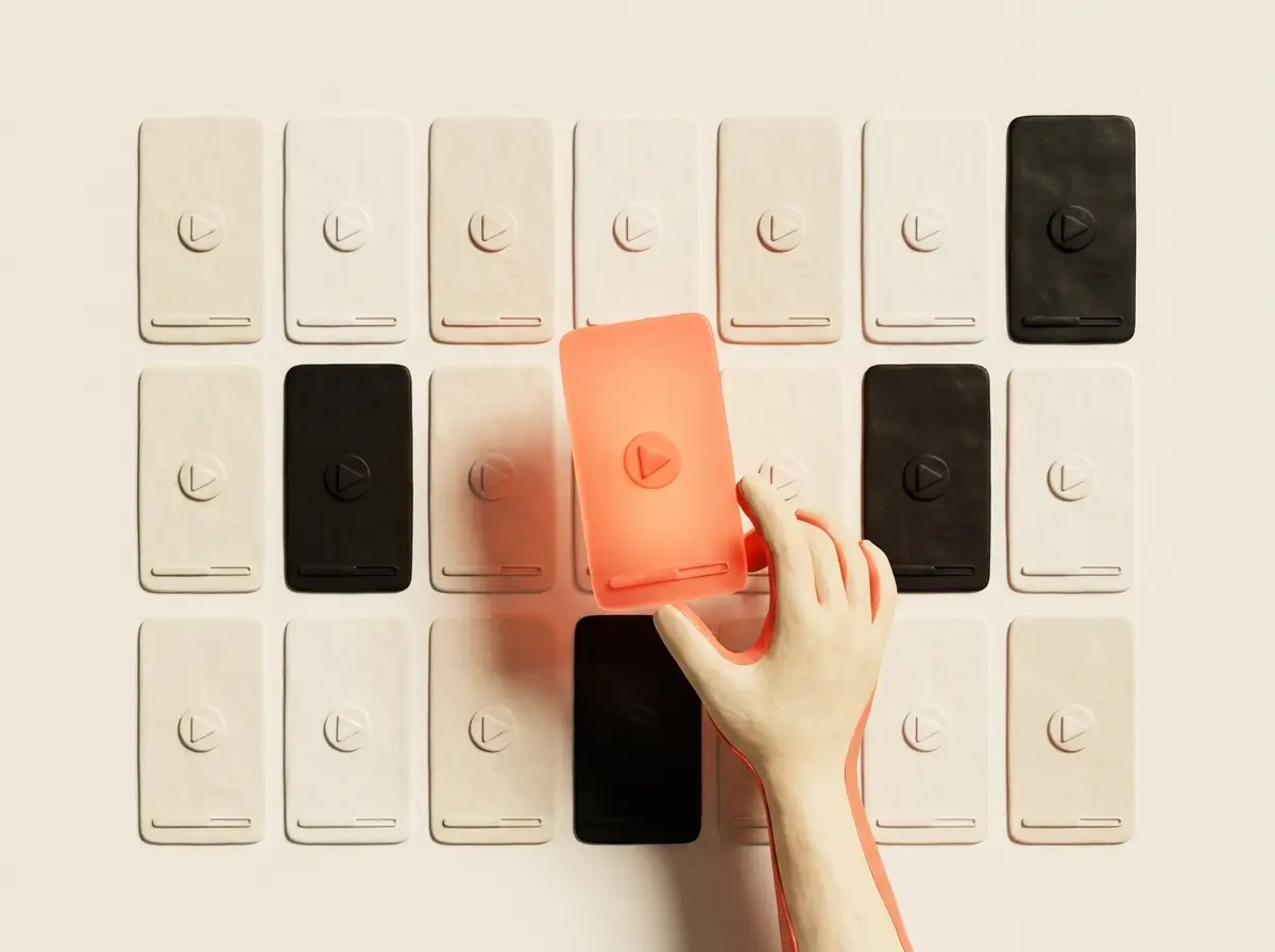 A hand picking one coral reel card from a floating vault of ready-to-post reels